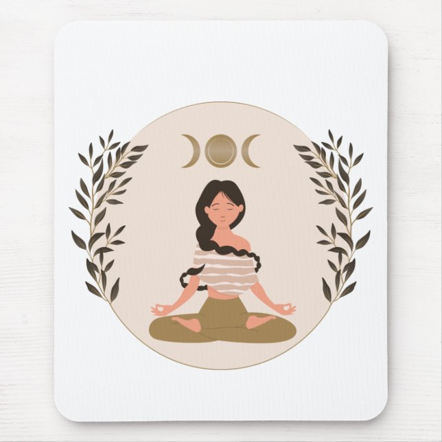Meditating woman moon phases leaf  boho classic  mouse pad (Front)