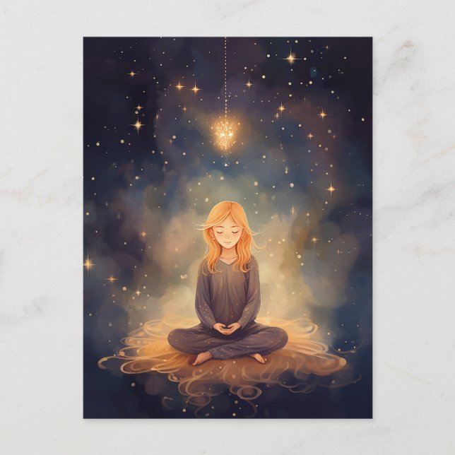 Meditating Yoga Girl, Dreamy Star Clouds Celestial Postcard (Front)