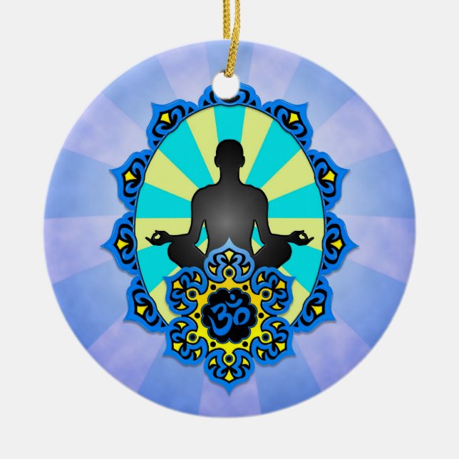 Meditation Yoga Aum, blue and yellow Ceramic Ornament (Front)