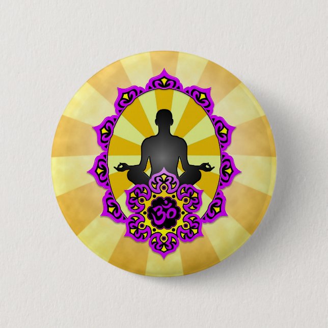 Meditation Yoga Aum, purple and yellow 2 Inch Round Button (Front)