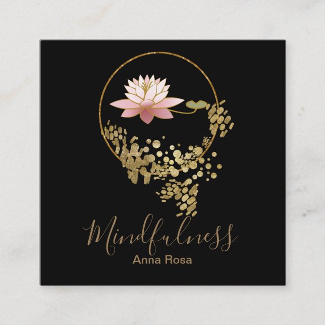 *~* Meditation Yoga Gold Glitter Lotus Mindfulness Square Business Card (Front)