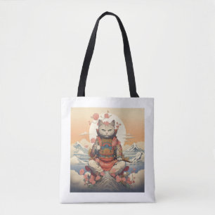 Meditative Samurai Cat A Journey Above Mount Fuji Tote Bag
