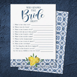 Mediteranean Blue Tile Lemon Bridal Shower Game Invitation