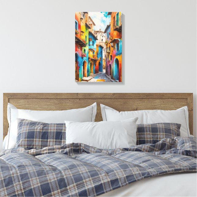 Mediterranean Alley – Colorful Old Town Street Art Canvas Print (Insitu(Bedroom))