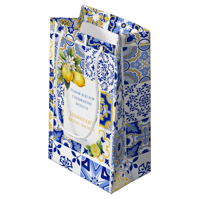 Mediterranean Amalfi Blue Tiles Lemon Thank You Small Gift Bag (Front Angled)