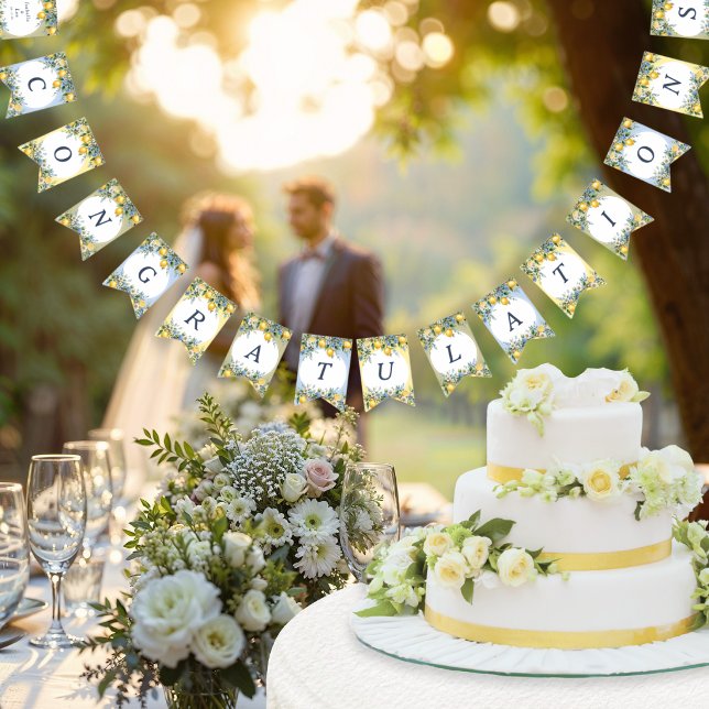 Mediterranean Amalfi Lemon Personalized Wedding Bunting Flags (Wedding bunting with Amalfi lemons design and 'Congratulations' message, with custom names and date)