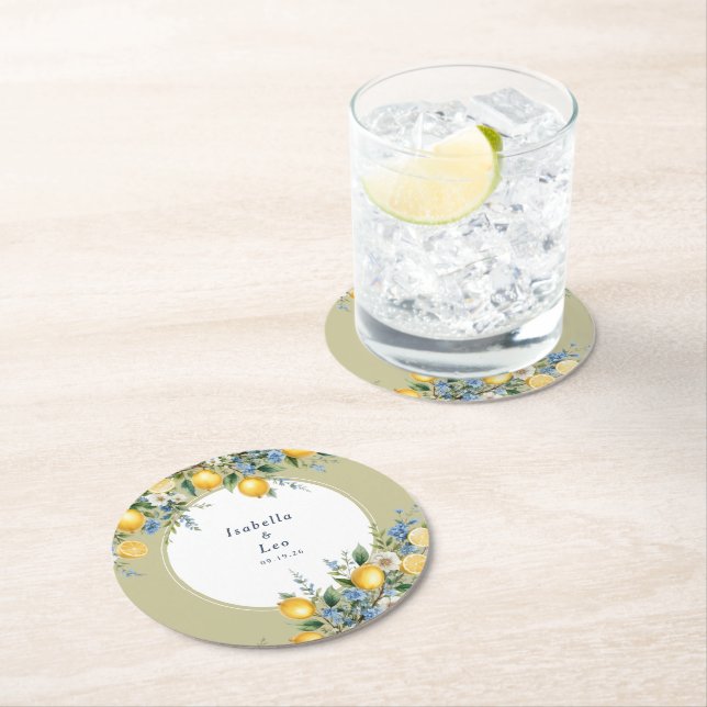 Mediterranean Amalfi Lemon Personalized Wedding Round Paper Coaster (Insitu)