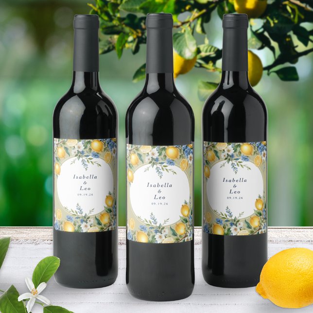 Mediterranean Amalfi Lemon Personalized Wedding Wine Label (Elegant personalized wedding wine labels with watercolor-style lemons, greenery and florals)