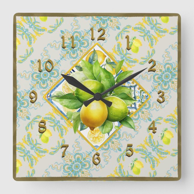 Mediterranean Amalfi Tile Lemons Wall Clock (Front)