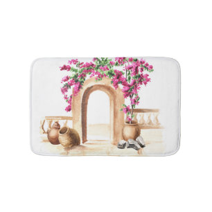 Mediterranean architecture, flowers, watercolor, h bath mat