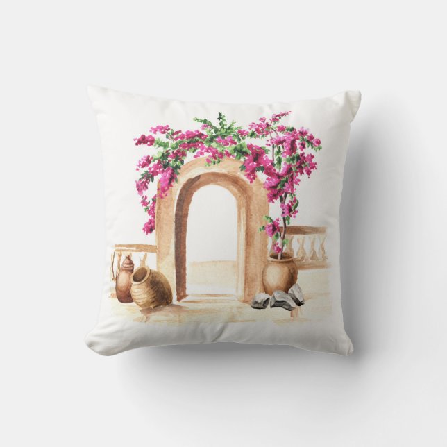 Mediterranean architecture, flowers, watercolor, h throw pillow (Front)