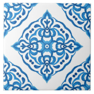 Mediterranean Azulejo Blue White Damask Tile