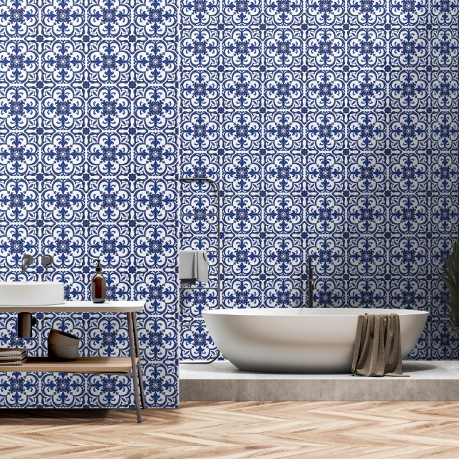 Mediterranean Azulejo Pattern Blue Tile Wallpaper (Bathroom)