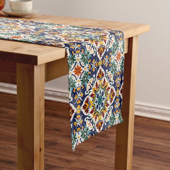Mediterranean azulejo Turkish tiles folk pattern Short Table Runner (In Situ)