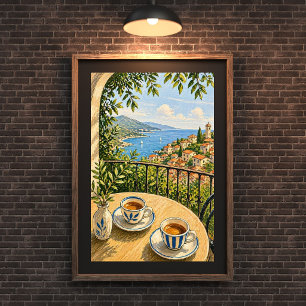 Mediterranean Balcony Coffee Scene Painting, Coast Poster