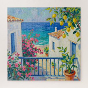 Mediterranean Balcony Lemon Bougainvillea Sea View Jigsaw Puzzle