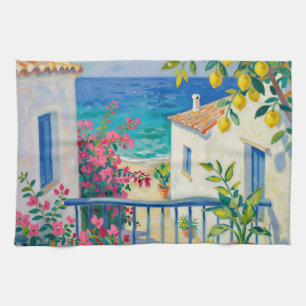 Mediterranean Balcony Lemon Bougainvillea Sea View Kitchen Towel