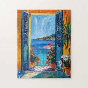 Mediterranean Bay View Through Open Door Jigsaw Puzzle