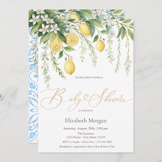 Mediterranean Blooming Lemons Baby Shower Invitation (Front/Back)