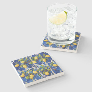 Mediterranean blue and lemons traditional stone coaster