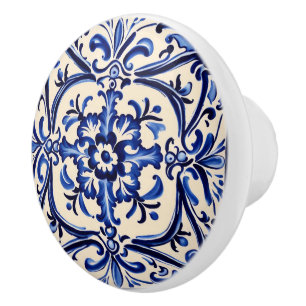 Mediterranean Blue and White Abstract Folk Art Ceramic Knob