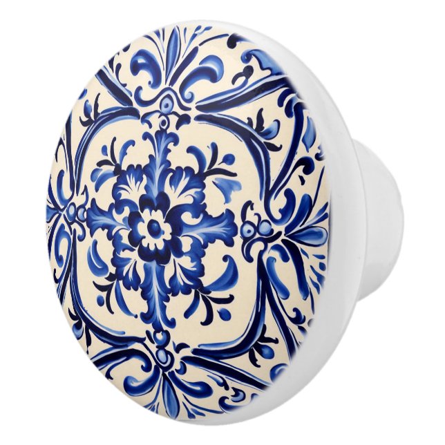 Mediterranean Blue and White Abstract Folk Art Ceramic Knob (Right)