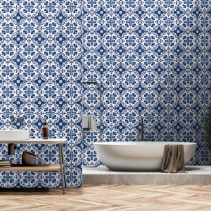 Mediterranean Blue and White Floral Tile Pattern  Wallpaper