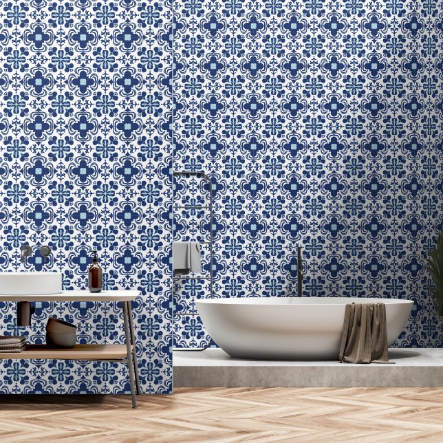 Mediterranean Blue and White Floral Tile Pattern  Wallpaper (Bathroom)