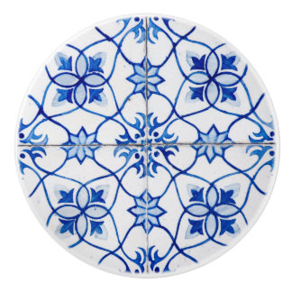 Mediterranean Blue and White Retro Tile Look Ceramic Knob