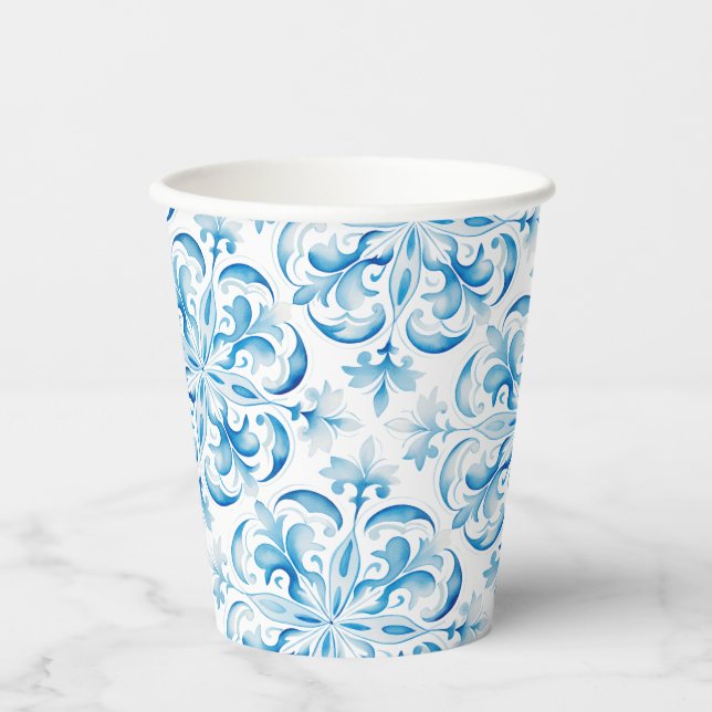 Mediterranean Blue and White Tile Paper Cups (Front)