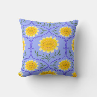 Mediterranean Blue and Yellow Floral Greek Flora Throw Pillow