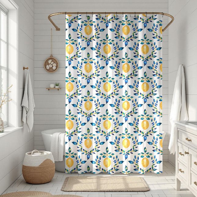Mediterranean Blue and Yellow Lemon Botanical (Mediterranean Blue and Yellow Lemon Botanical Shower Curtain in a white boho bathroom)
