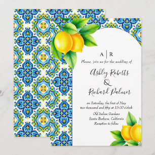  Mediterranean blue and yellow tile lemon wedding Invitation