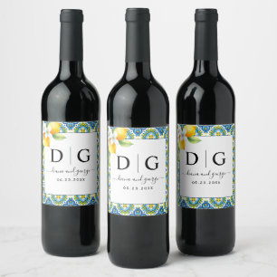 Mediterranean blue and yellow tiles, lemon wedding wine label