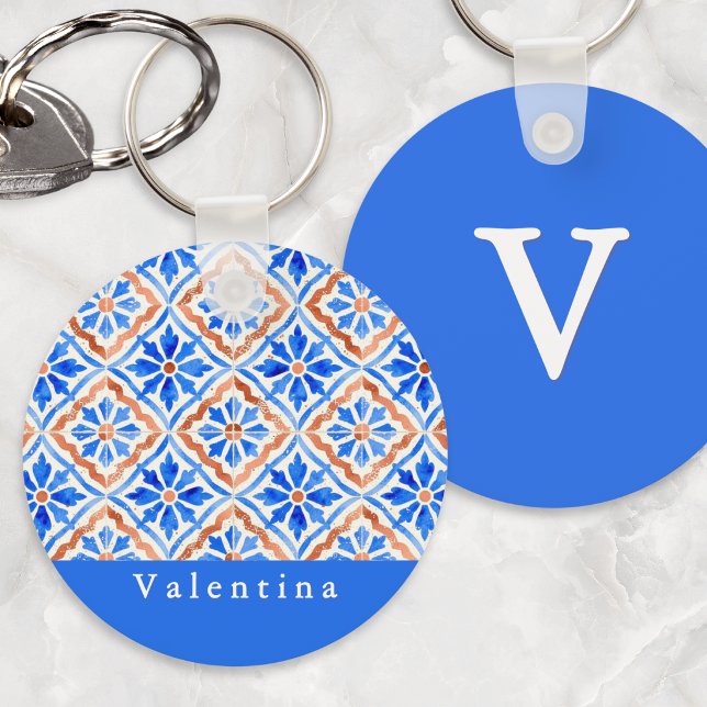 Mediterranean Blue Azulejo Tile Personalized Name Keychain (A personalized keyring with blue and terracotta elegant geometric pattern in a Mediterranean style)