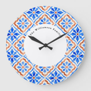 Mediterranean Blue Azulejo Tile Personalized Name Large Clock