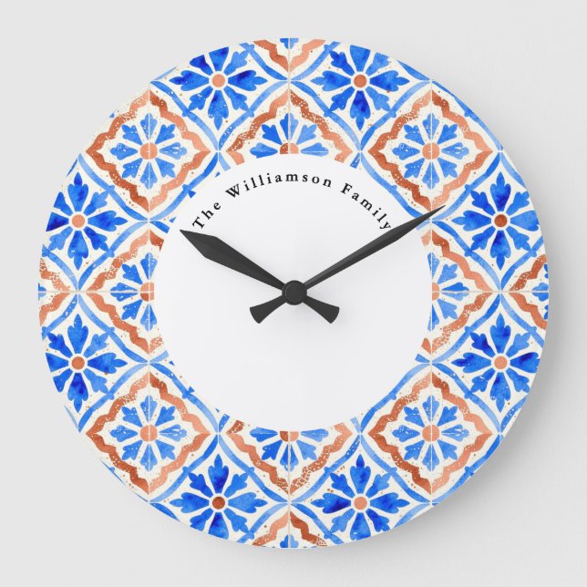Mediterranean Blue Azulejo Tile Personalized Name Large Clock (Front)