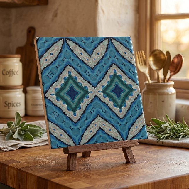 Mediterranean Blue Beige Mosaic Geometric Pattern Tile (Creator Uploaded)