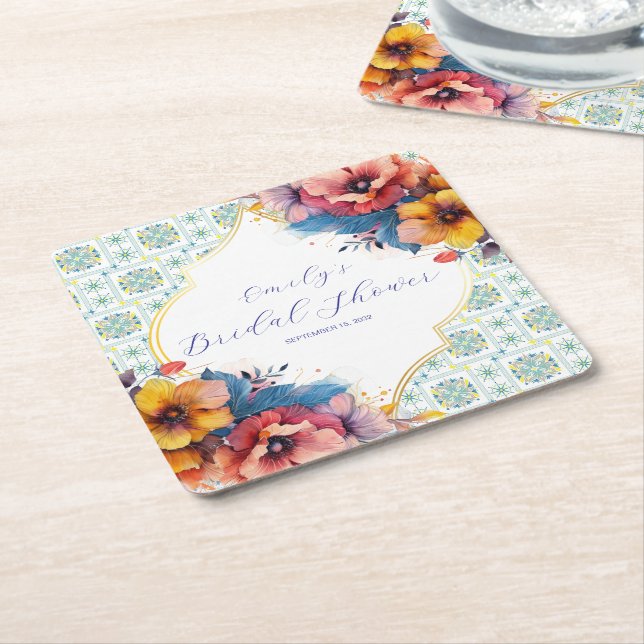 Mediterranean Blue Floral Bridal Shower Square Paper Coaster (Angled)