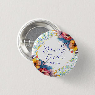 Mediterranean Blue Floral Bride's Maid 1 Inch Round Button
