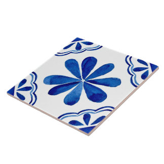 Mediterranean Blue Floral Tile Watercolor Painted 