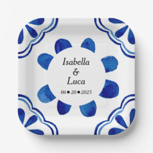 Mediterranean Blue Floral Tile Watercolor Painted  Paper Plate
