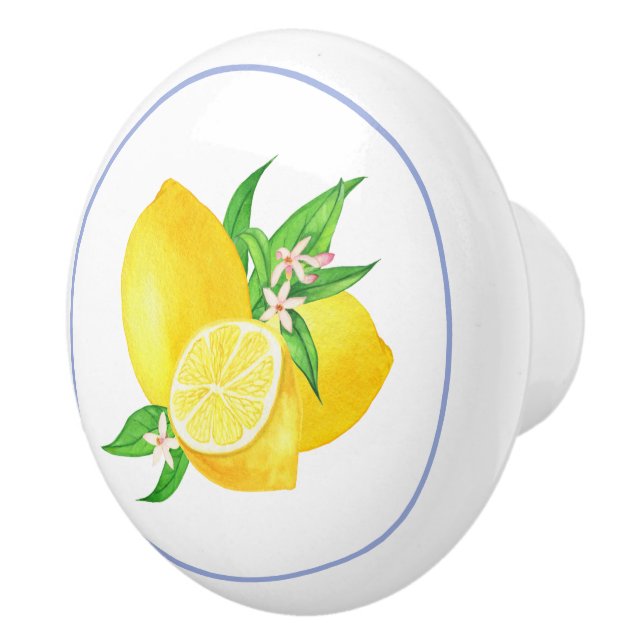 Mediterranean blue frame and lemons watercolor ceramic knob (Right)