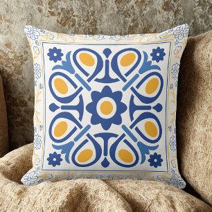Mediterranean Blue & Gold Floral Tile classic  Throw Pillow