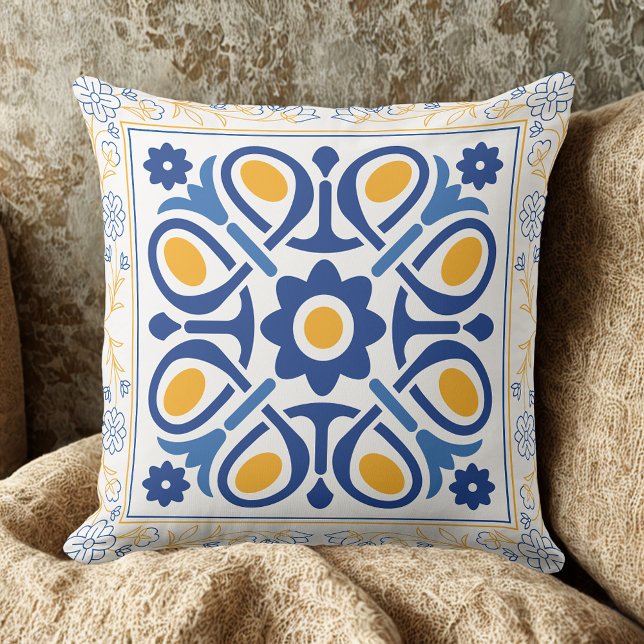 Mediterranean Blue & Gold Floral Tile classic  Throw Pillow (Creator Uploaded)