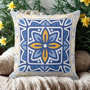Mediterranean Blue & Gold Floral Tile retro  Throw Pillow