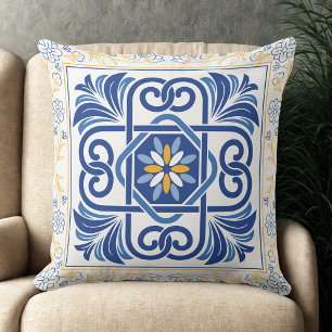  Mediterranean Blue & Gold Floral Tile vintage  Throw Pillow
