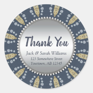 Mediterranean Blue + Gold Silver Thank You Round Classic Round Sticker