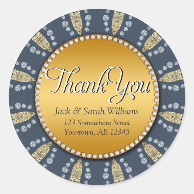 Mediterranean Blue + Gold Thank You round Stickers (Front)