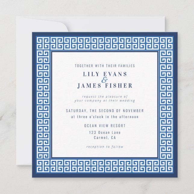 Mediterranean Blue Greek Key Wedding Invitation (Front)